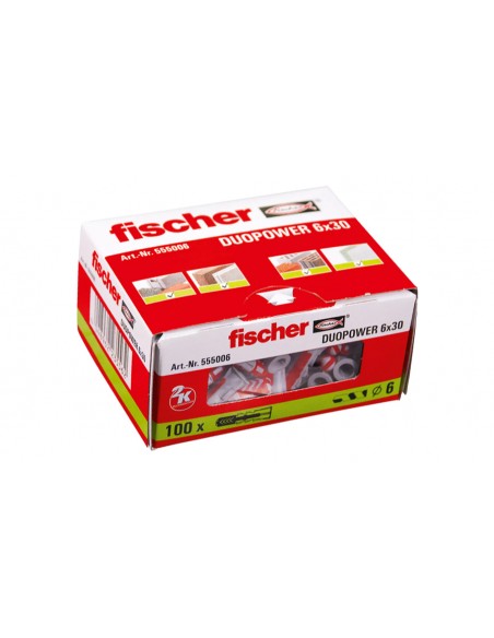 Buchas Duopower Fischer, Fixação, Em alvenaria, Betão, Fixa, Bucha, 100 unidades, Paredes, tetos, materiais, Silicone