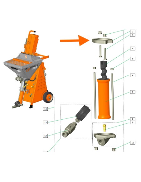 Falange superior para PFT Ritmo L, Camisa D, Máquinas de projetar, Peças de origem, Assistência PFT, Peças PFT, Cami