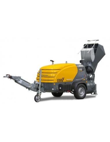 Máquina de betonilha com balde de carga e pá de arrasto, Maquinas de Betonilha, Máquinas Putzmeister, construção